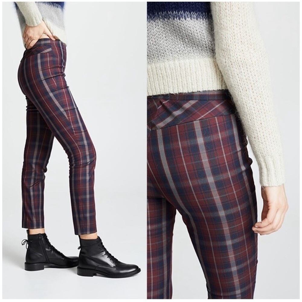 Rag & Bone Simone Pant Trousers Burgundy Plaid Check Cropped Side Zip Size 6 NEW - Picture 2 of 12